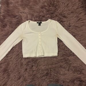 Forever 21 Cream Long Sleeve Crop Button-Down Top